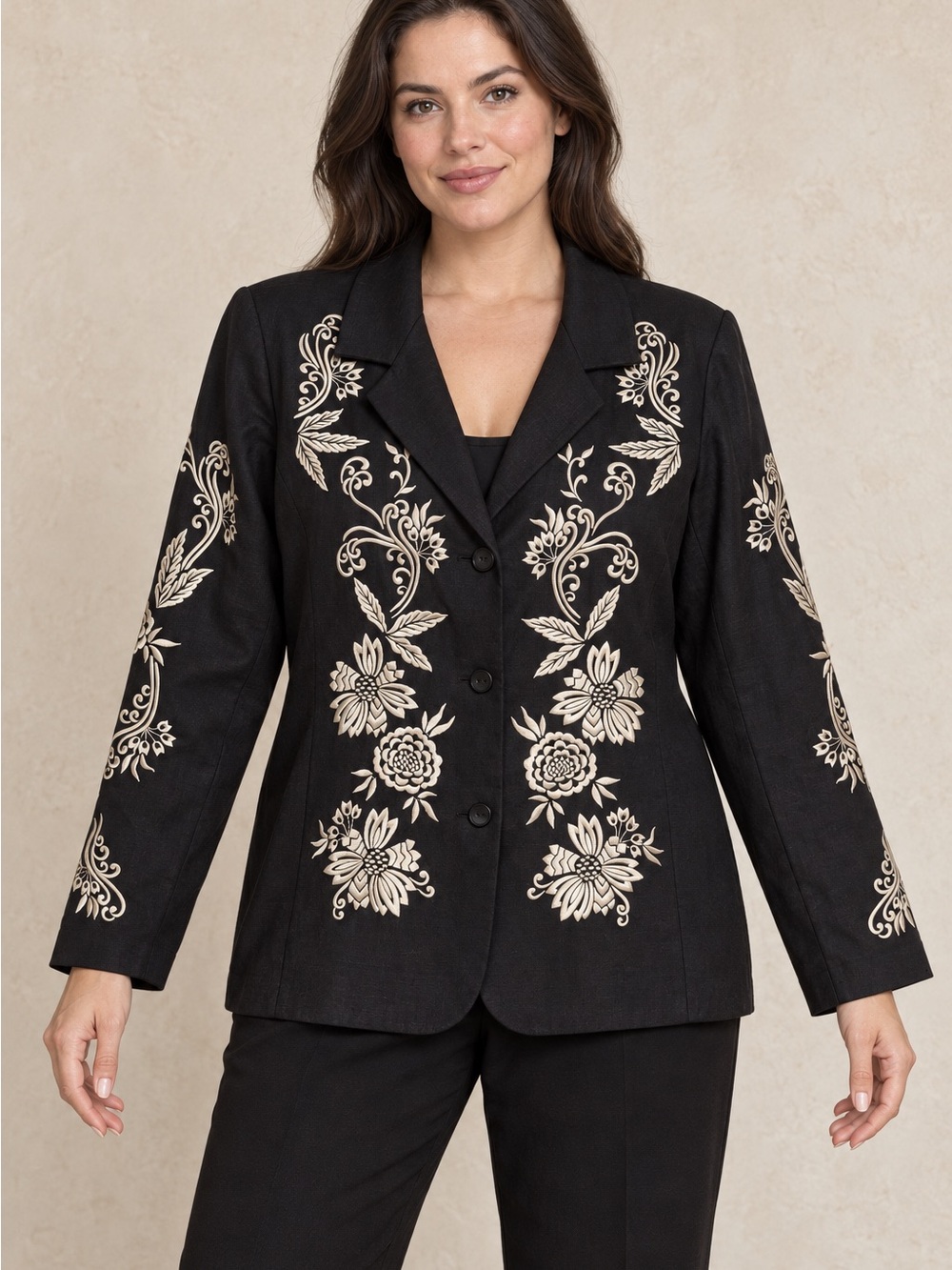 Victor Costa Occasion Black Floral Embroidered Linen Blend Blazer L